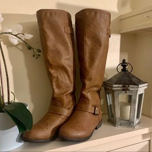 Red Zipper Riding Boots with Stud Details